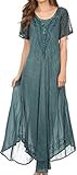 Sakkas 16603 - Egan Long Embroidered Caftan Dress/Cover Up With Embroidered Cap Sleeves - Denim Blue - OS