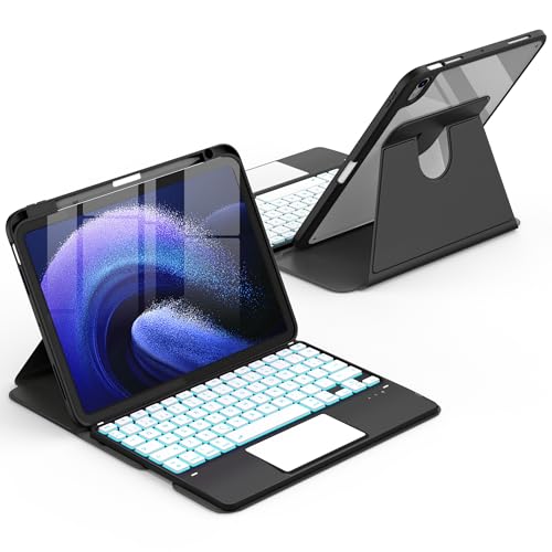 CACOE 360° Rotating Keyboard Case for iPad Air 8/7 Generation 2026/2025 M4/M3 11 Inch Air 6/5/4 with Touch Panel, 7 Color Backlight, Removable Wireless Keyboard, Black