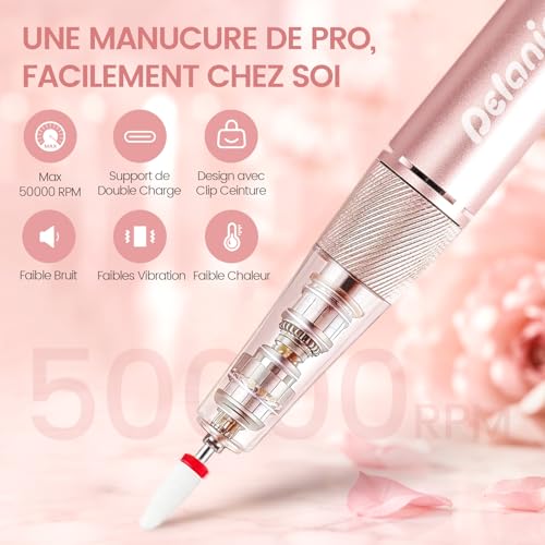 Delanie Ponceuse pour ongles Électrique Professionnel 50000 RPM avec Station de Recharge, Lime à Ongles Sans Fil pour Ongles en Acrylique Épais, 10 Heures d'autonomie, Fonction Pause, Incl. 12 Embouts