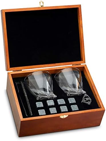 Whiskey Stones and Whiskey Glass Gift Boxed Set - 8 Granite Chilling Whisky Rocks + 2 Glasses in Wooden Box - Great Gift for Father's Day, Dad's Birthday or Anytime For Dad