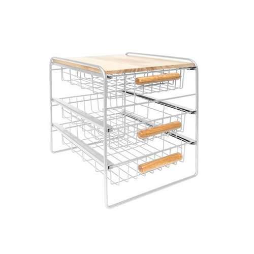 Origami Wood Top Steel Kitchen Organizer 3 Mesh Basket Sliding Drawer, White