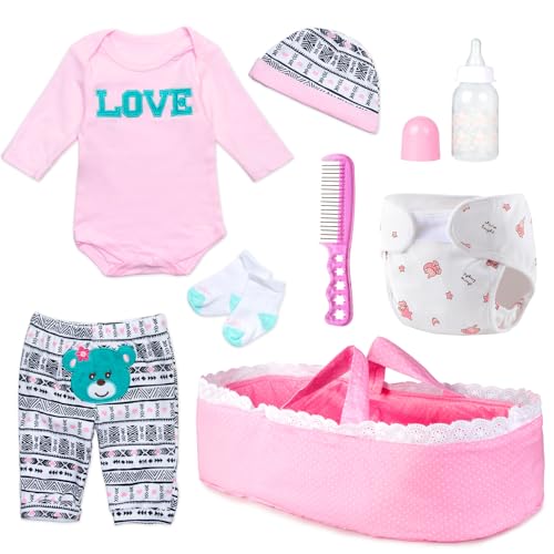 Reborn Baby Doll Clothes Girl Pink Outfits Accesories for 17-22 Inch Reborn Doll Newborn Baby Girl Accesories 8 Pcs Set with Bassinet&Diaper