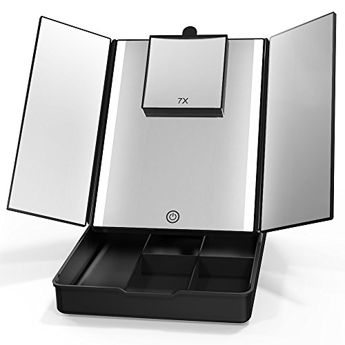 Abody LED Makeup Mirror, Tri-fold Lighted Vanity Mirror with Storage Box Removable 7X Magnification USB Charging & Battery Makeup Mirror Touch Screen Adjustable Rotation for Countertop Cosmetic Mirror