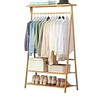 UPDD 63 Inch 2-Tier Garment Rack, Organizer Shelves with Shoes Storage, Heavy Duty Bamboo Clothing Hanging Storage Organizer with Top Shelf Coat Clothes Rack, Wood Color