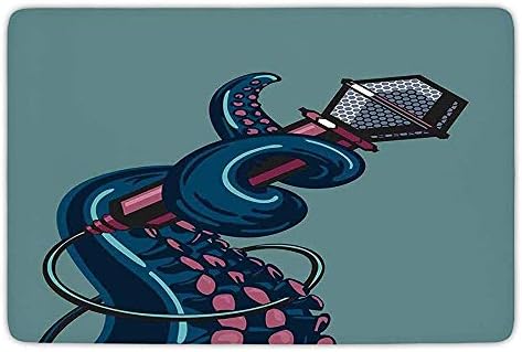 Bathroom Bath Rug Kitchen Floor Mat Carpet,Octopus Decor,Octopus Tentacle Holding a Microphone Retro Style Cartoon Rock and Roll Art Home Decor,Teal Pink,Flannel Microfiber Non-slip Soft Absorbent
