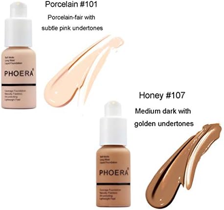 2PCS Foundation Liquid, Foundation Full Coverage New 30ml PHOERA 24HR Matte Complexion Hydrating Gel Cream Oil Control Concealer Liquid Foundation (101+107)