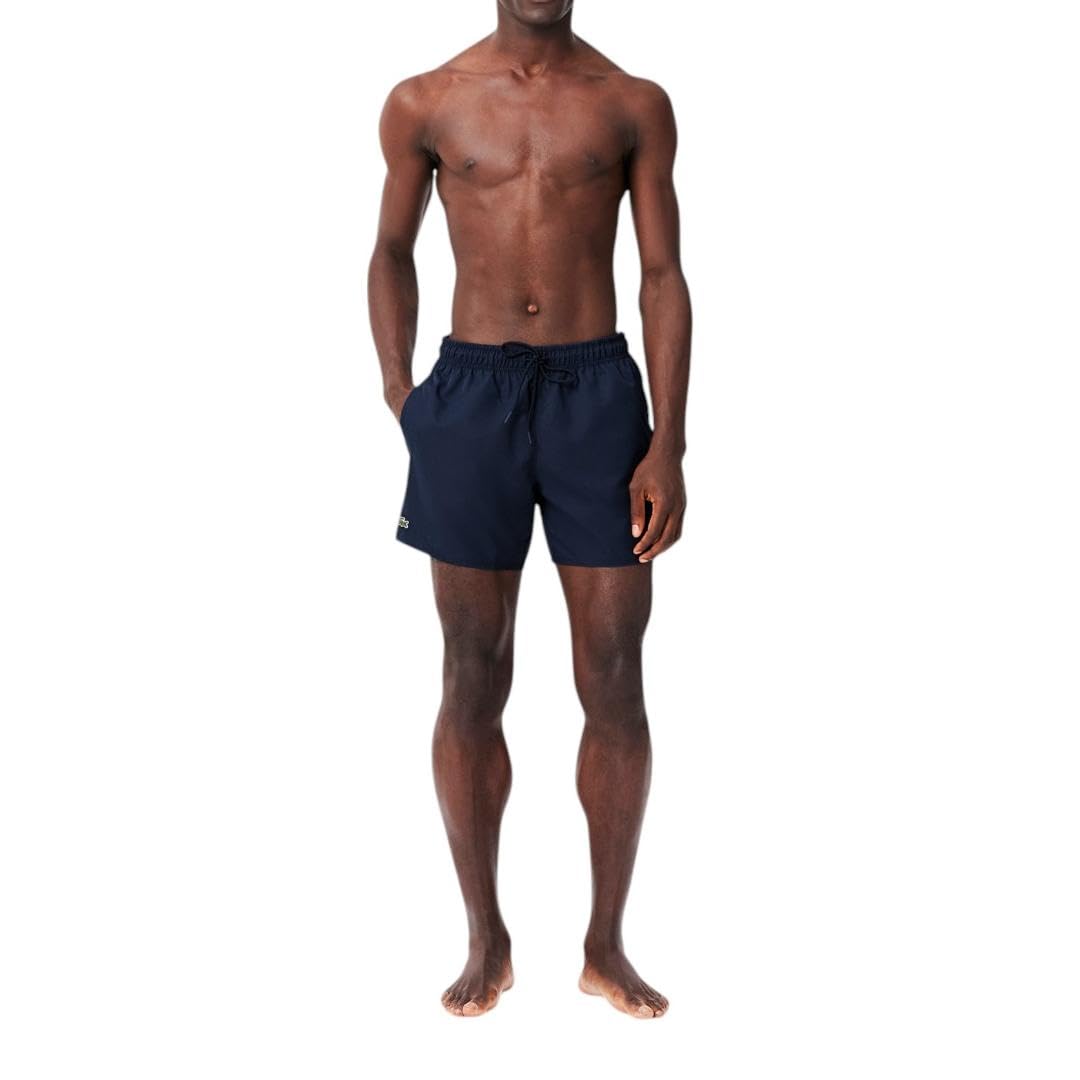 Photo 1 of (medium) (bagged) Lacoste Mens Solid Elastic Waist Swim Trunks, Navy Blue/Green, Medium