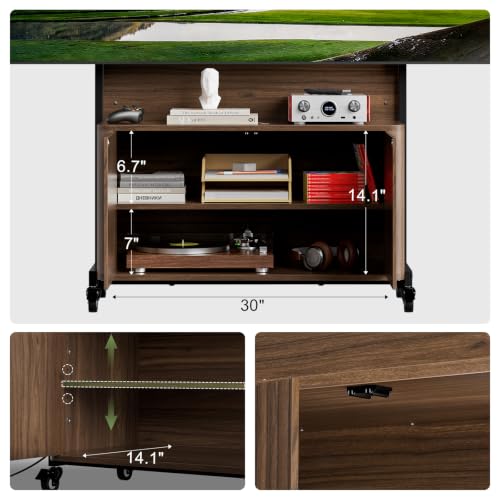 Planimetry Rolling TV Stand with Mount for 32-75 Inch TVs, Height Adjustable Mobile TV Stand with Lockable Wheels, Fluted Cabinet Entertainment Center with Power Outlet & Storage, Walnut