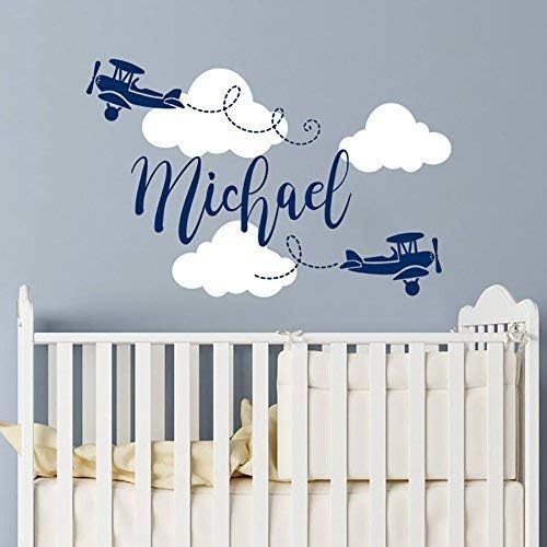 LilithCroft99 Personalised Name Wall Decal Airplane Clouds Wall Sticker Nursery Vinyl Biplane Baby Boy Nursery Decor Plane Name Children Nursery Wall Decal