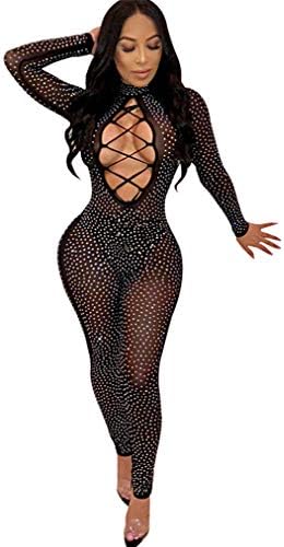 Fadvanes Women Shiny Rhinestone Mesh Hollow Out Jumpsuits See Through Long Sleeve One Piece Rompers Clubwear