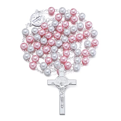 Rosary Beads Catholic for Woman - 8mm Pink & White Pearl Beads Rosary Necklace St Benedict Rosaries Catholic Gifts