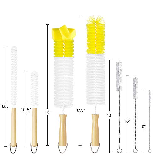 Bottle Brush Cleaner 7 Pack - Stiff Long Water Bottle and Straw Cleaning Brush - Bottle Brushes with Wooden Handle for Wine Decanter, Baby, Kombucha, Pipes, Hydro Flask Tumbler, Sinks, Blender Bottles