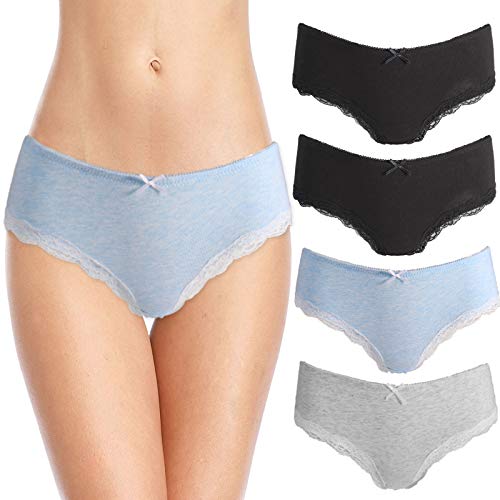 MS.ING 4Pcs Womens Underwear Hipster Panties Soft Cotton Lace Trim Briefs Bikinis (Black Blue Grey, Small)