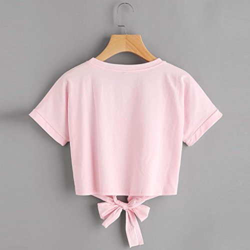 Snowfoller Women Short Sleeve Tee Fashion Rose Appliques Knot Decor Crop Tops Casual T Shirt Vest Tops Blouse (S, Pink) - Thumbnail 3