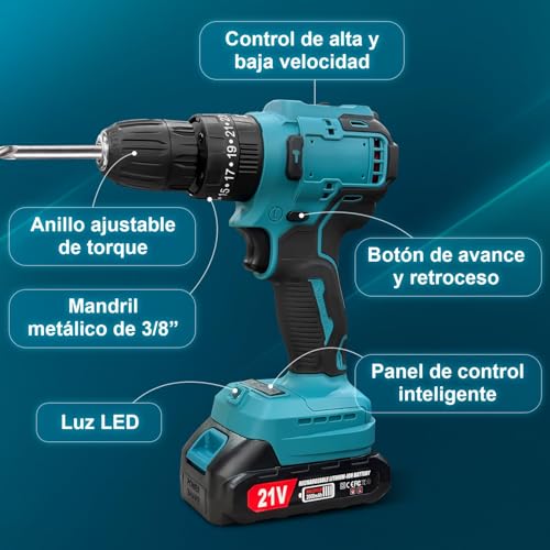 Taladro y Llave de Impacto Inalámbricos 2 en 1, Kit de Herramientas Eléctricas, Pistola de Impacto 21V 650NM, Motor Sin Escobillas, Taladro Atornillador 25+3, 2 velocidades, 29 piezas, Incluye Caja