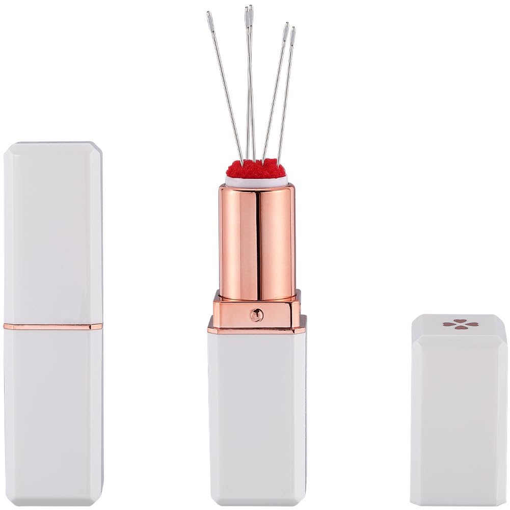 GORGECRAFT 1Pc Lipstick Needle Pin Cushions Sewing Pin Cushion Plastic White Small Lipstick Shaped Design Embroidery Needle Storage Tools Pincushion Holder for Sewing Craft Accessory