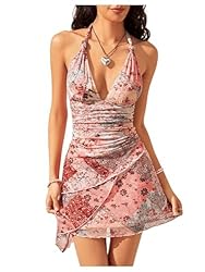 BEAUDRM Women's Floral Print Sleeveless Halter Deep