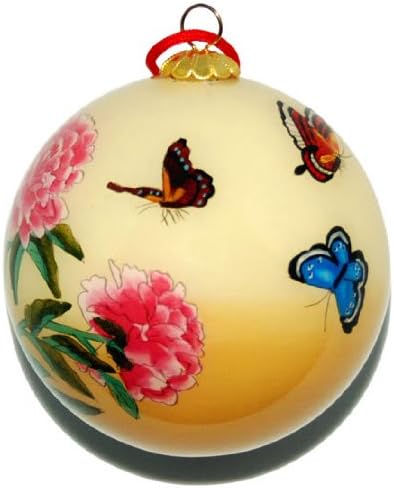 Hand Painted Glass Ornament, Yellow with Butterflies and Pink Peonies CO-191