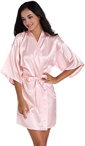 SIMJOY Women's Satin Short Kimono Robe Plain Dressing Gown Bathrobe Bridal Party Robe, Pink, Small