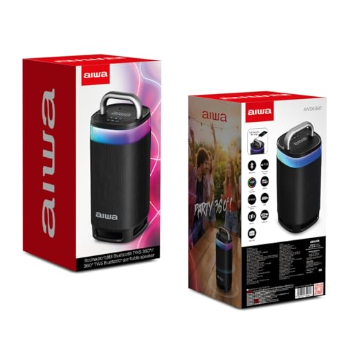 Aiwa Bocina Portátil Bluetooth TWS, Potencia 600W PMPO (60W RMS), Party 360°, Sonido Envolvente, Resistencia al Agua IPX5, Luz LED Multicolor, Batería Recargable y Función de Carga, AWS68BT