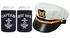 Captain Hat Yacht Cap Funny Beer Coolie Captain and First Mate Can Coolie Bundle Navy