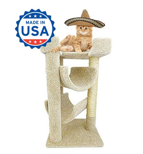 CozyCatFurniture 32 inches Cat Furniture for Big Cats, 3 Large Beds, Solid Wood Construction, Sisal Post, Beige Carpet