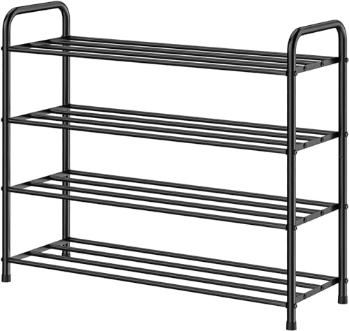 FANHAO Enhanced 4 Tier Stainless Steel Shoe Rack, Shoe Rack Organizer for 12-16 Pairs of Shoes, for Living Room, Wardrobe, Hallway, 68 x 26 x 65 cm (Matt Black)