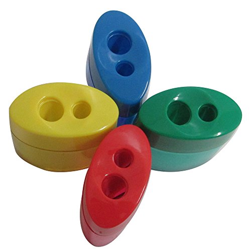 Mega Pack Of 12 Double Hole Oval Shaped Pencil Sharpener With Cover And Receptacle - Comes In 4 Colors! By Mega Stationers