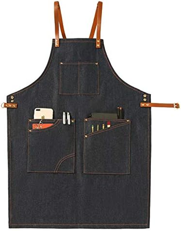 Landy Denim Adjustable Kitchen Chef Apron, Heavy Duty Jean Bib Apron with Pocket & Cross-Back Straps (Black A1)