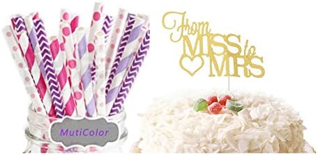 TPARTYCOM 25pcs Party Decorative Paper Sipping Straws With Gold FROM MISS TO MRS Wedding Cake Topper