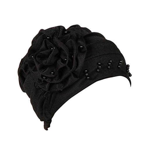 GBSELL Women's Daisy Pearls Ruffle Chemo Hat Turban Cancer Headwear (Black)