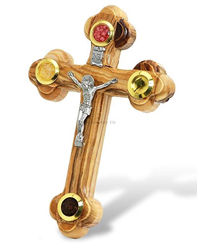 Bethlehem Gifts TM Cross Crucifix Orthodox 14 Station 4 Lens Essences Olive Wood (7")
