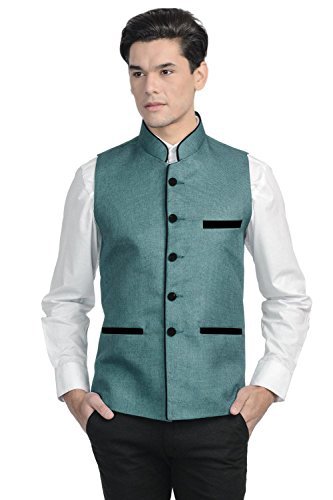 vastraa fusion men's blended bandhgala festive green nehru jacket / waistcoat