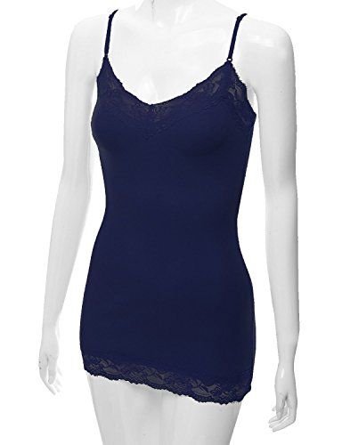 RT1004 Ladies Adjustable Spaghetti Strap Lace Trim Long Tunic Cami Tank Top Navy M