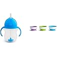Munchkin® Any Angle™ Weighted Straw Trainer Cup with Click Lock™ Lid, 7 Ounce, Blue & ® Stay Put™ Suction Bowls for Babies and Toddlers, 3 Pack, Blue/Green/Purple