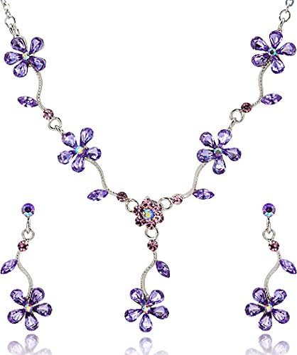 Amethyst Color Five Leaf Flower Petal Crystal Rhinestone Necklace and Earrings Jewelry Set [Bridal Jewelry]