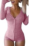 Moxeay Women V-Neck Long Sleeve Shorts Knitted Bodysuit Jumpsuit Romper Overall (S, Pink)