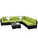 Peach Tree 7 PCs Outdoor Patio PE Rattan Wicker Sofa Sectional Furniture Set with Green Cushion, 2 Pillows and Tea Table