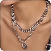 Rumtock Chunky Chain Silver Necklace with Puff Heart Pendant Double Layer Toggle Clasp OT Chain Choker for Women Punk