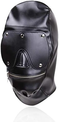 Halloween Festival Costume Leather Hood Scary Mask Muzzle with Zipper at Mouth Lace Up Party Role Play Clothing