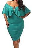 Womens Plus Size Cape Sleeve Ruffle Lace Up Bodycon Midi Dress XL Turquoise