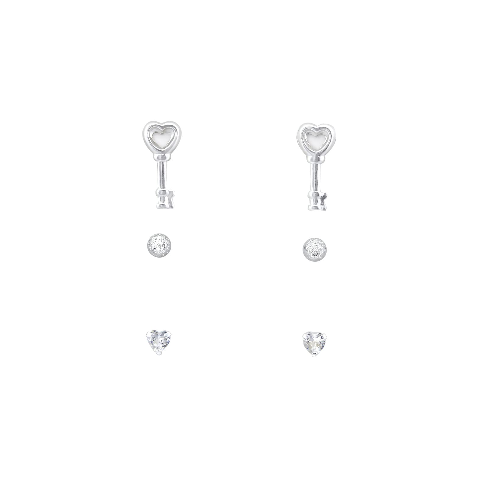 The Rose & Silver Company Women 925 Sterling Silver with Tiny Cubic Zirconia Stones Key to Your Heart Stud Earrings Set