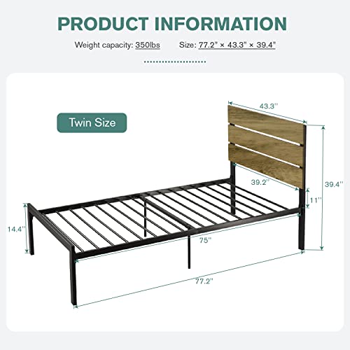 IMUsee Twin Size Platform Bed Frame with Wooden Headboard / Strong Metal Slats / Mattress