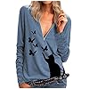 Feaslard Shirt met lange mouwen voor dames, V-hals, kat, vlinderpatroon, met ritssluiting, casual, slim bovenstuk…