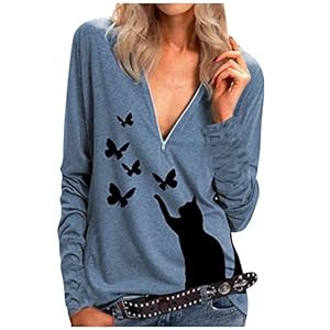 Feaslard Shirt met lange mouwen voor dames, V-hals, kat, vlinderpatroon, met ritssluiting, casual, slim bovenstuk…