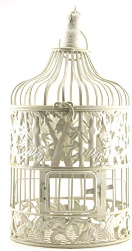 Metal Hanging Standing Bird Cage, Antique Cream White, Round (Small 7.5x18)