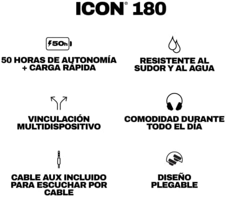 Icon 180 Wireless On-Ear Bluetooth Headphones, Up to 50 Hours Battery, Lightweight and Travel Ready, Secure Fit, Sweat and Water Resistant, Microphone iPhone Android - True Black
