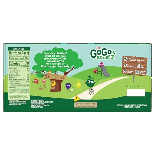 GOGO SQUEEZ FRUIT ON THE GO, APPLE APPLE, 3.2 OZ (PACK OF 20), UNSWEETENED FRUIT SNACKS FOR KIDS, GLUTEN FREE, NUT FREE, AND RECLOSEABLE CAP, BPA FREE POUCHES (PACKAGING MAY VARY)