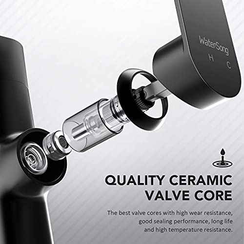 Black Bathroom Faucet - WaterSong Bathroom Sink Faucet, Waterfall Spout Faucet for Bathroom Sink, Matte Black Single Hole Bathroom Faucet, 360° Swivel Spout, RV Modern Bathroom Faucet, 100% Lead-Free