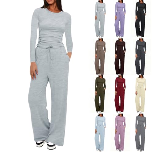 ZJKESDIOAW Womens Tracksuit Set,Airport Outfits for Women 2025 Tracksuit Womens Full Set Lounge Wear Sets UK Solid Color Activewear with High-Waisted Wide-Leg Pants